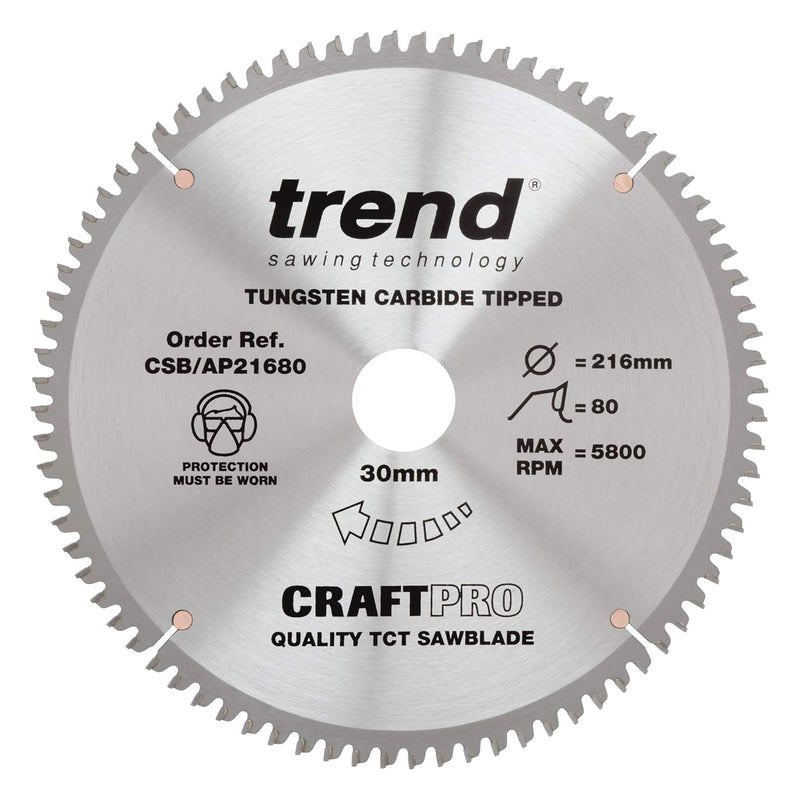 Trend CraftPro Arbeitsplatte Aluminium und Kunststoff TCT Kreissägeblatt, 216mm Durchmesser x 80 Zäh