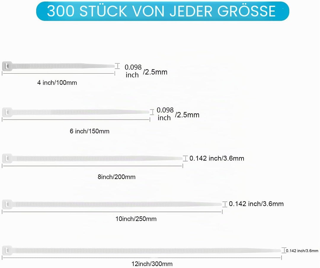 XINGO 1500 Stück Kabelbinder Weiss Set, 100/150/200/300 mm(je 300 Stück), UV Beständig Nylon Verschi