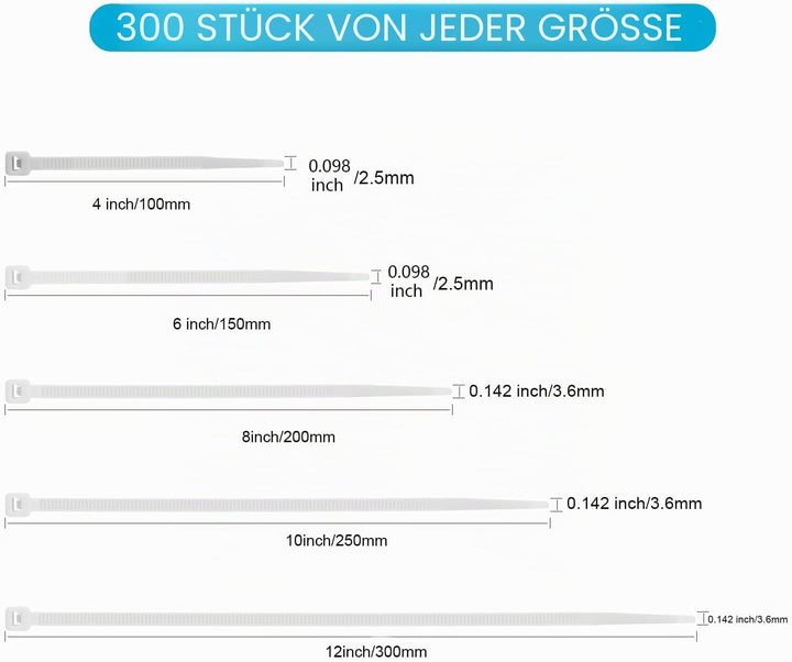 XINGO 1500 Stück Kabelbinder Weiss Set, 100/150/200/300 mm(je 300 Stück), UV Beständig Nylon Verschi