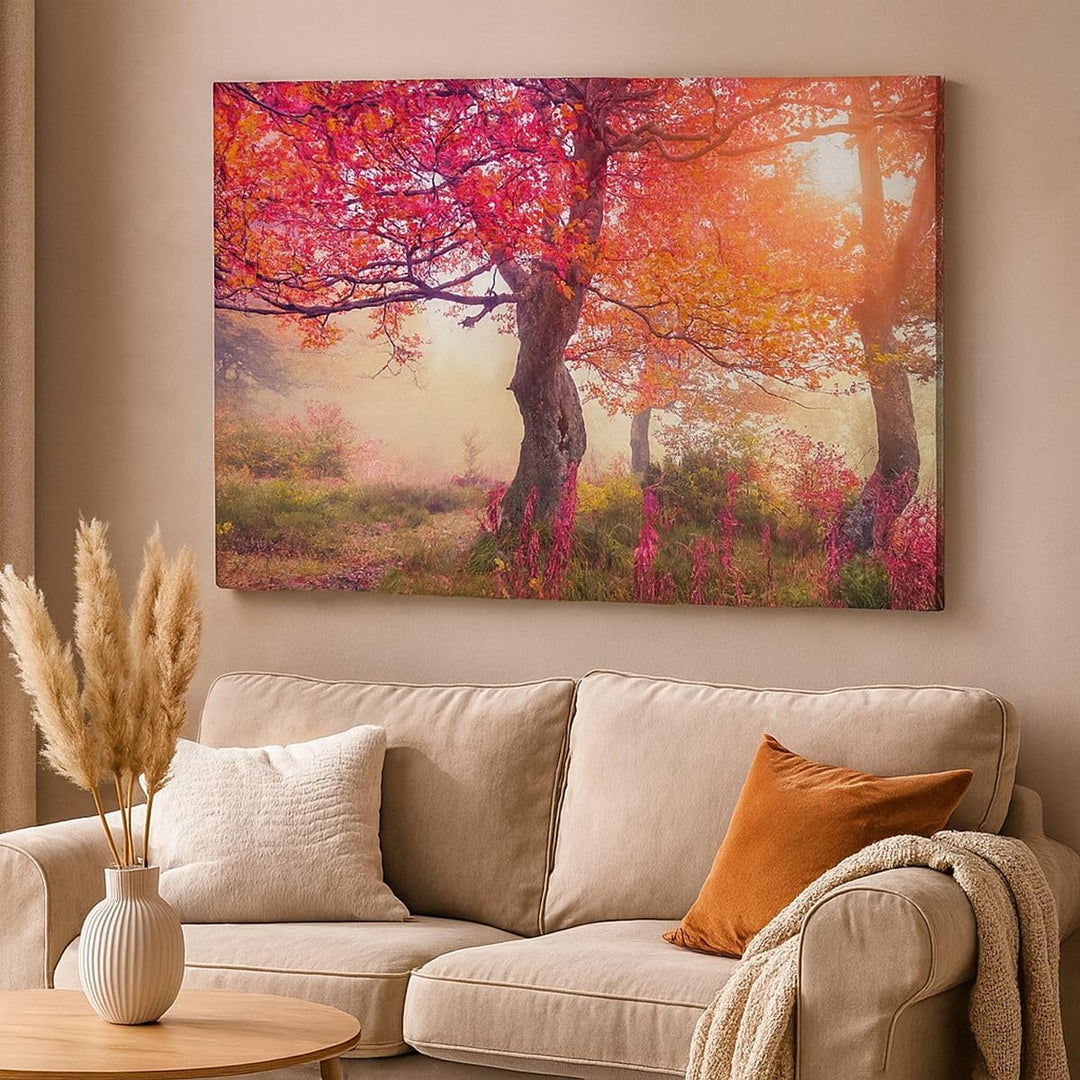 Bilder auf Leinwand 100x70cm Leinwandbild mit Rahmen Baum Natur Wiese Gross Wanddeko Bild Schlafzimm
