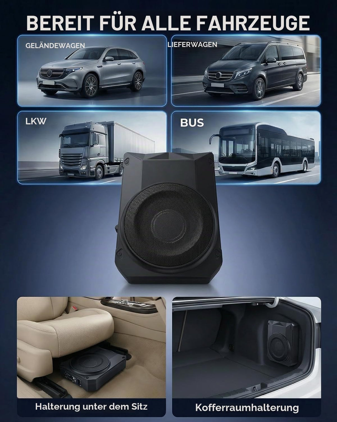 Ultraflacher Auto-Subwoofer, geeignet für Limousinen/LKW, mit integriertem Verstärker, unter den Sit