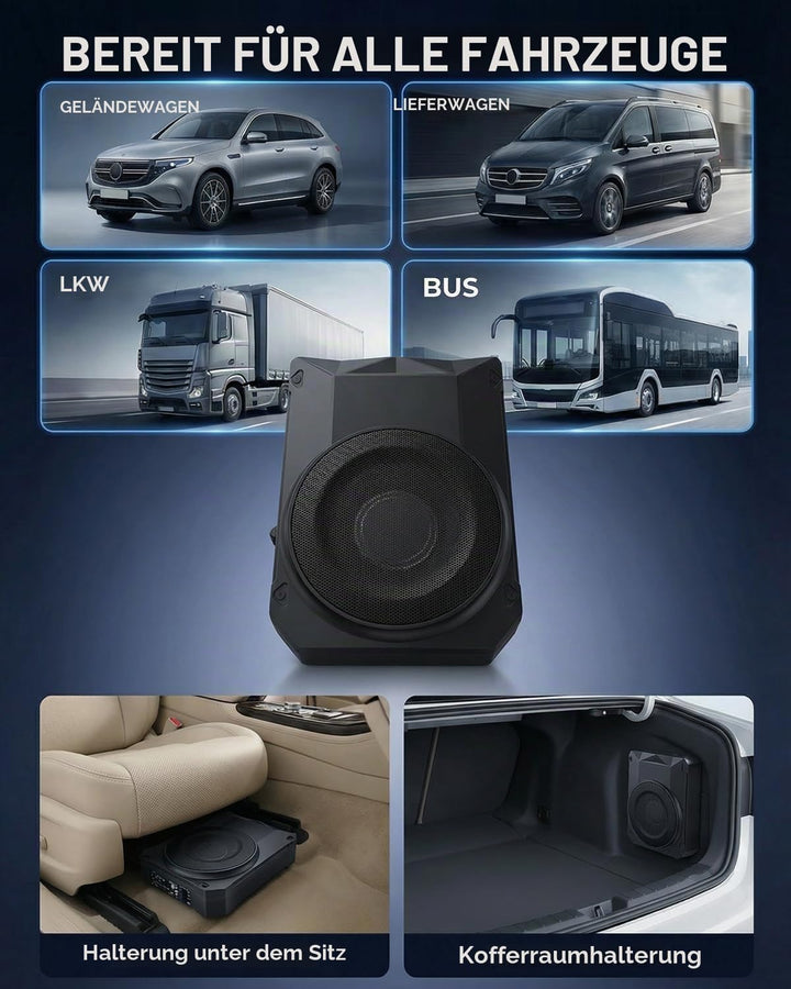 Ultraflacher Auto-Subwoofer, geeignet für Limousinen/LKW, mit integriertem Verstärker, unter den Sit