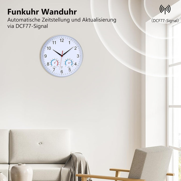 Wanduhr Funk Uhr Mit Temperaturanzeige und Luftfeuchtigkeit Funkuhr Wand Funkwanduhr 30cm Moderne Kü