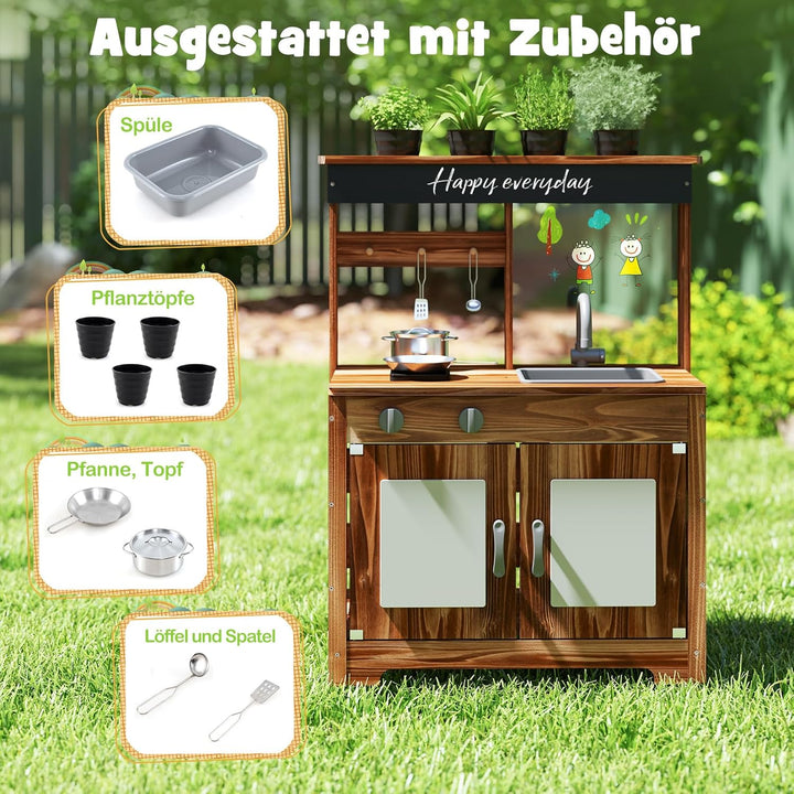COSTWAY Matschküche Kinder Outdoor, Kinderküche Tannenholz mit 4 Kochtöpfen & Wasserhahn & Abnehmbar
