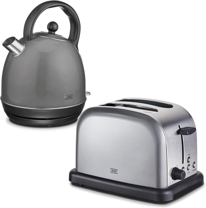 KHG Retro Frühstücksset | Toaster 2 Scheiben mit Brötchenaufsatz, 7 Bräunungsstufen 850W | Wasserkoc