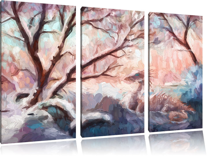 Pixxprint Drache im schneebedeckten Wald Kunst Pinsel Effekt 3-Teiler Leinwandbild 120x80 Bild auf L