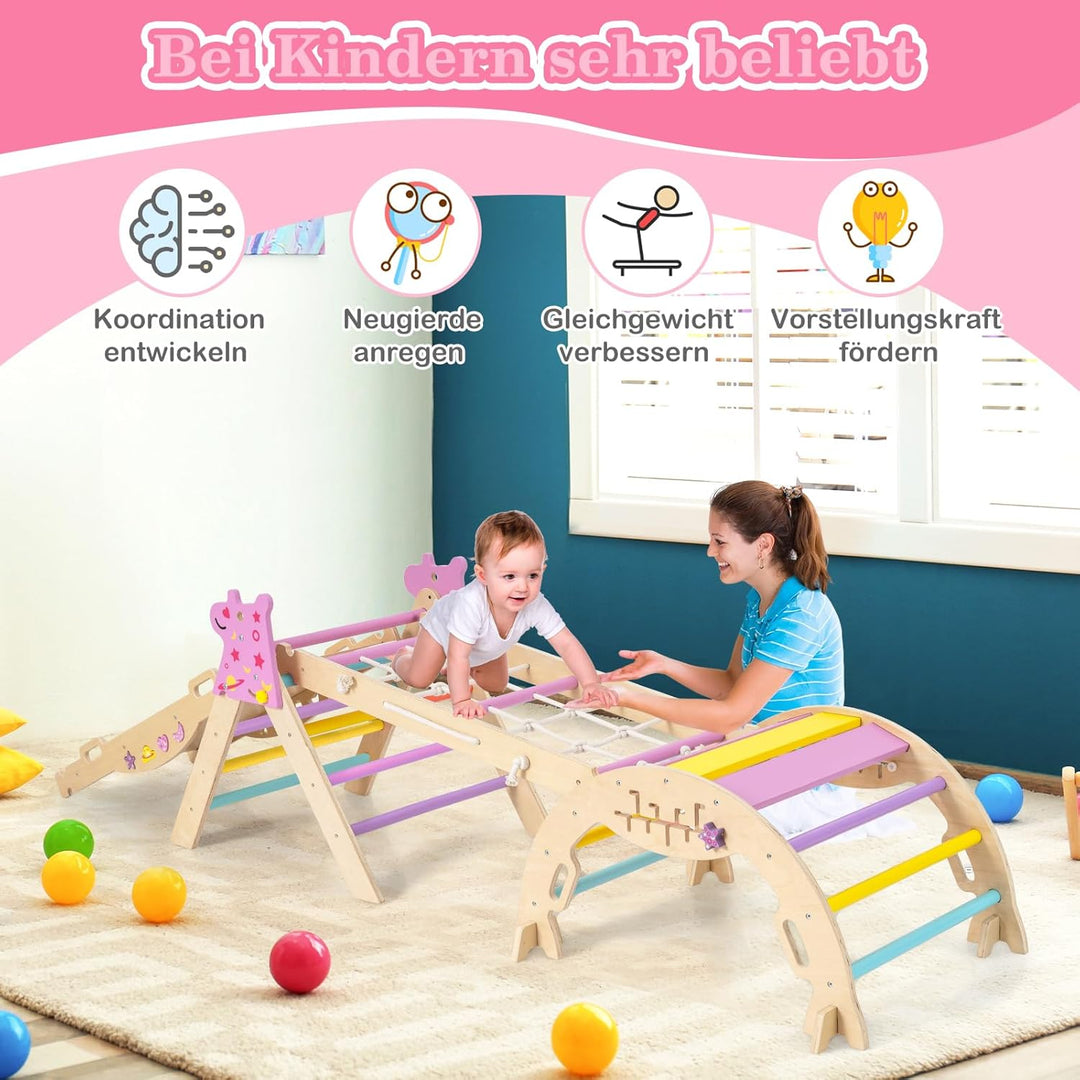 COSTWAY Klettergerüst Indoor 4er Set, klappabres Kletterdreieck mit Rutsche, Kletterbogen, Netz, ink