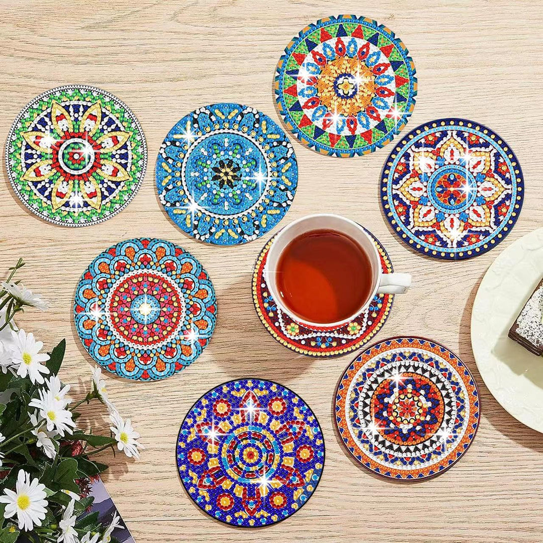 Muzagroo Art Set mit 8 Mandala-Glasuntersetzern mit Halterung - 5D Diamant-Kunst-Set für Anfänger -