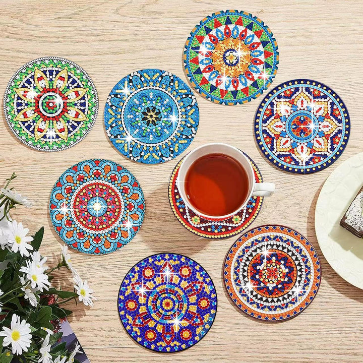 Muzagroo Art Set mit 8 Mandala-Glasuntersetzern mit Halterung - 5D Diamant-Kunst-Set für Anfänger -