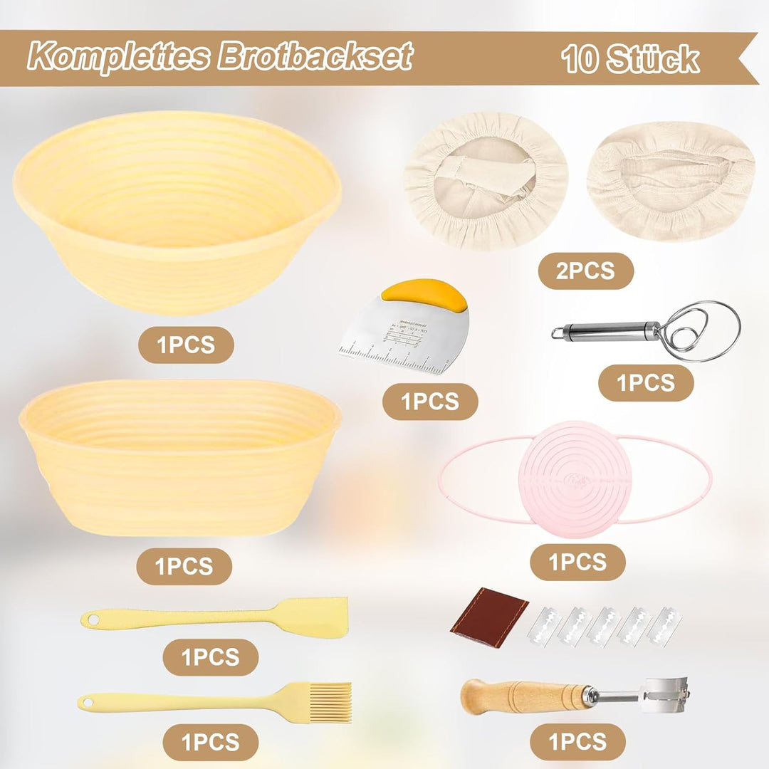 10 Stück Gärkorb Brot Set, Gärkörbchen zum Brotbacken, 23cm Rund & 25cm Oval Brotkörbchen aus Siliko