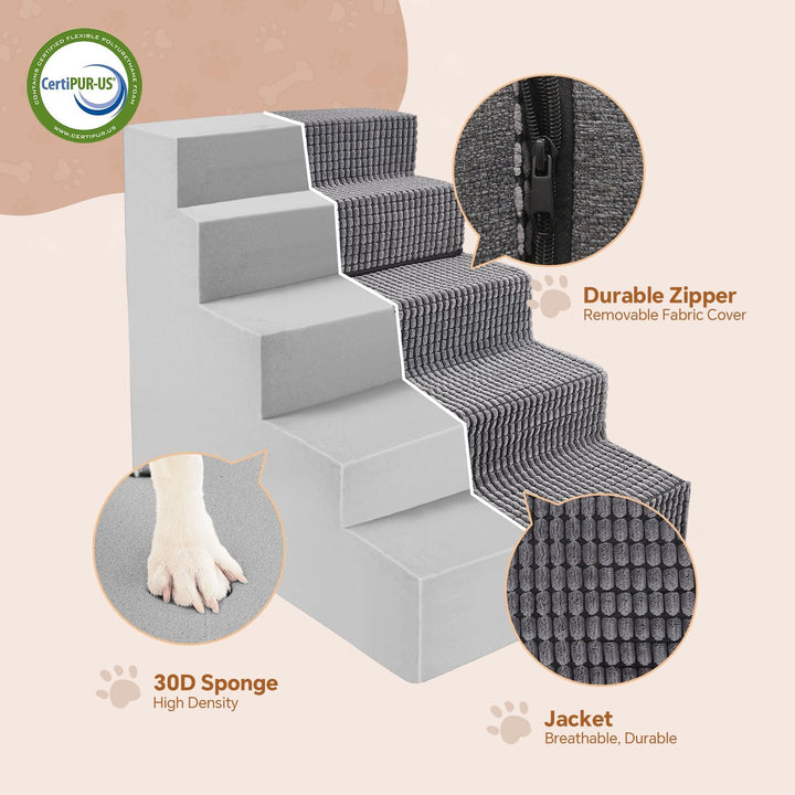 Sytopia Haustiertreppe, 5 Stufen, Hochelastischer Schwamm, Waschbar Bezug, Hundetreppe Für Kleine Hu