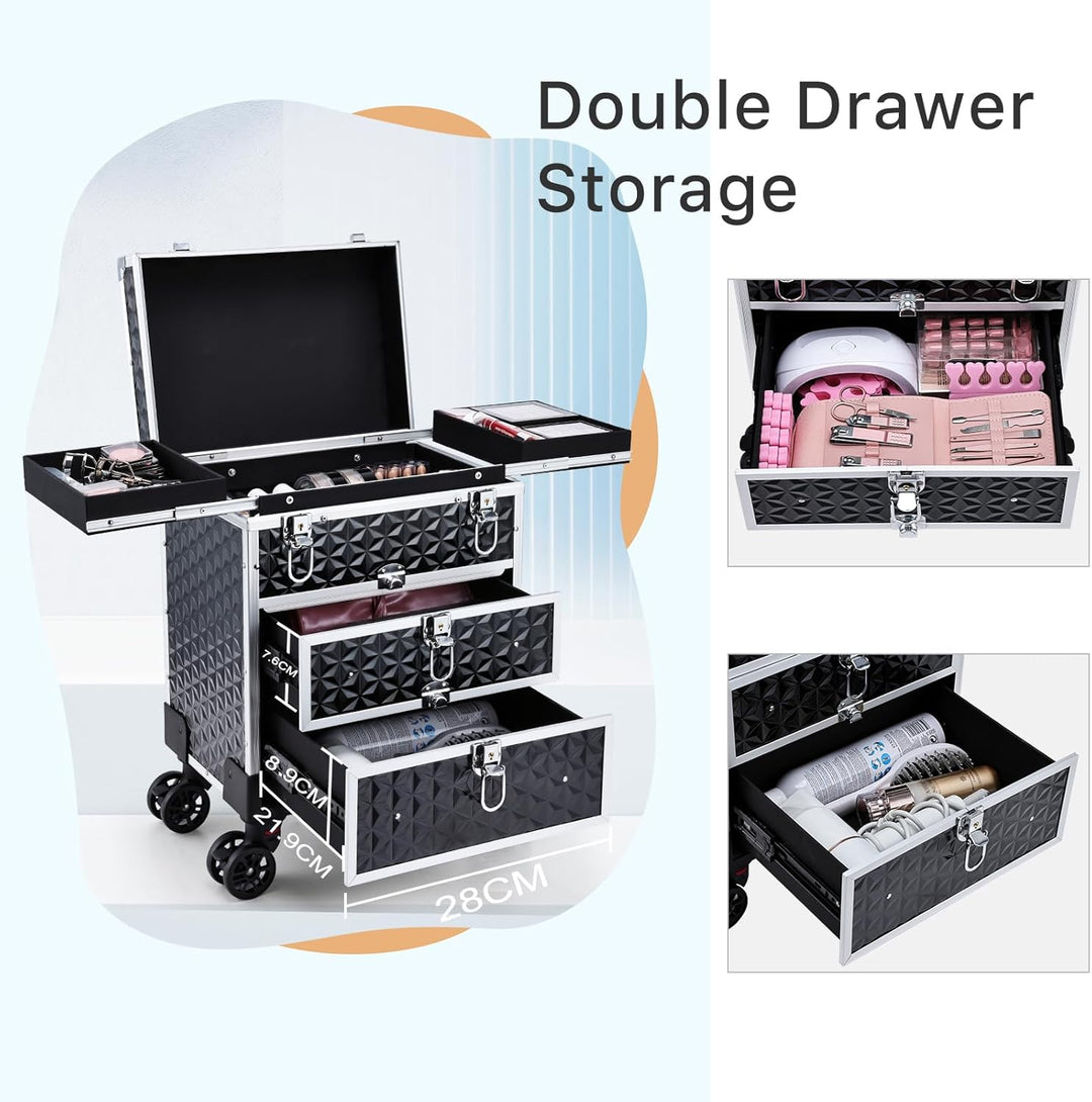 Kosmetik Trolley mit 2 Schublade Kosmetikkoffer Trolley Friseurkoffer mit Rollen Make up Koffer Schm