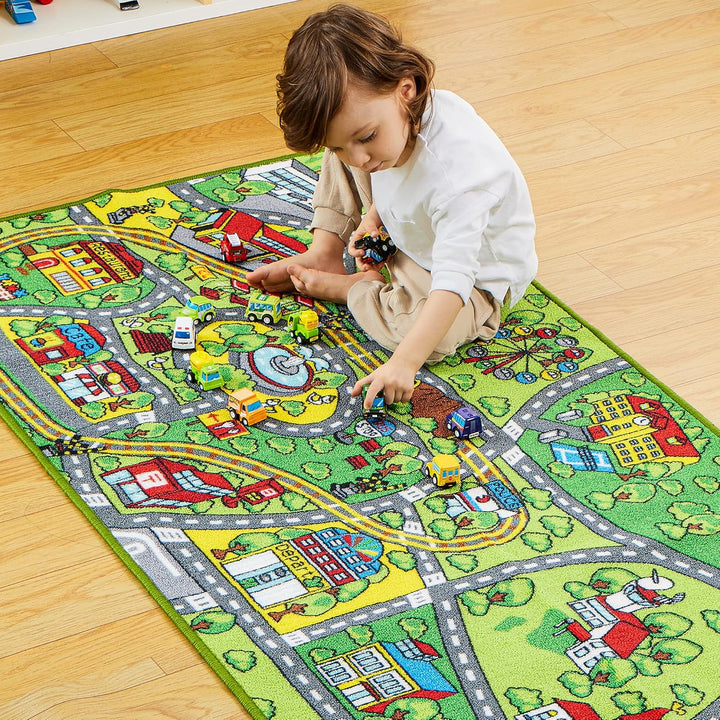 JOYIN Teppich Kinderzimmer 80x150cm mit 12 Mini Auto Spielzeug für Kinder ab 3 Jahren, Spielteppich