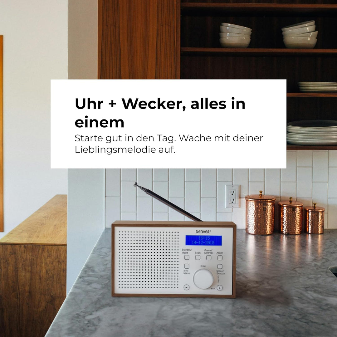 Denver DAB-46 DAB+ und UKW-Radio, Uhr und Wecker, 2 W Audio-Ausgang, Holz-Finish, Weiss, 1954043, We