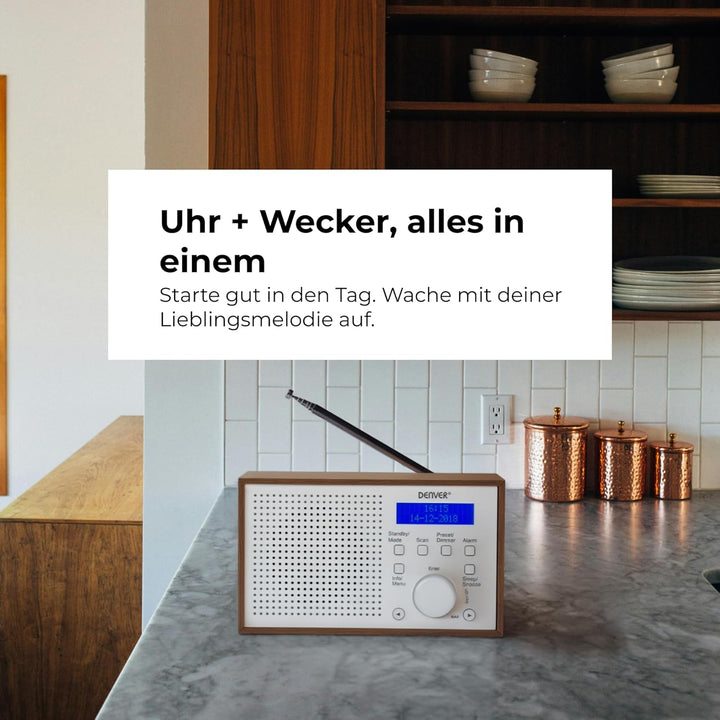 Denver DAB-46 DAB+ und UKW-Radio, Uhr und Wecker, 2 W Audio-Ausgang, Holz-Finish, Weiss, 1954043, We