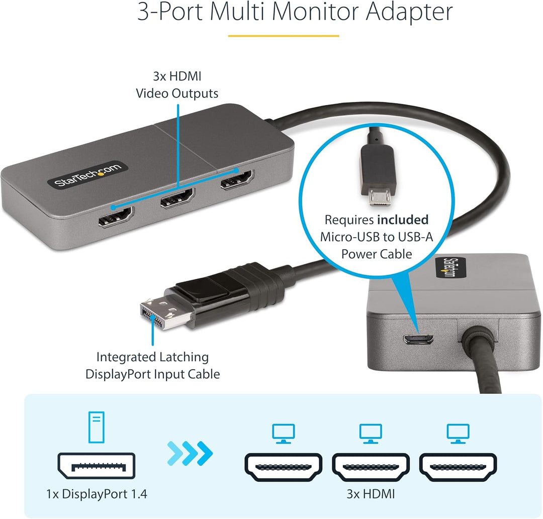 StarTech.com 3-Port MST Hub - DisplayPort auf 3X HDMI, DREI 4K 60Hz Monitore, DP 1.4 Multi-Monitor V
