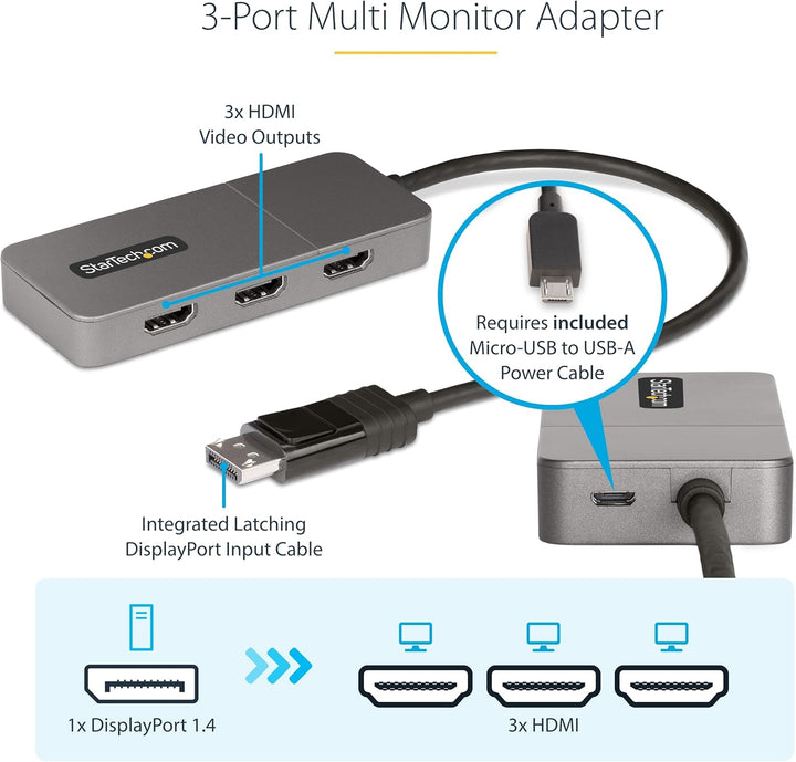 StarTech.com 3-Port MST Hub - DisplayPort auf 3X HDMI, DREI 4K 60Hz Monitore, DP 1.4 Multi-Monitor V