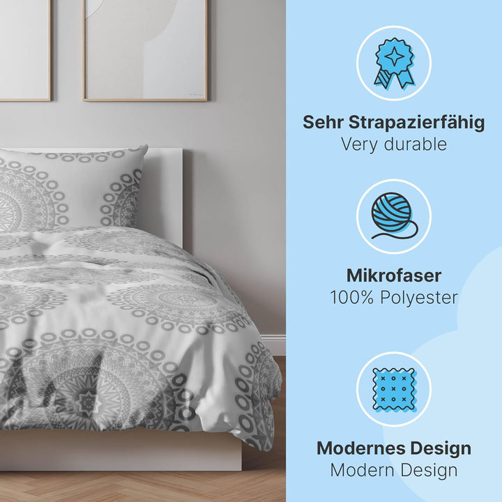 etérea Microfaser Bettwäsche Mandala 200x200 3er Set - Bügelfrei mit Reissverschluss - Allergiker ge