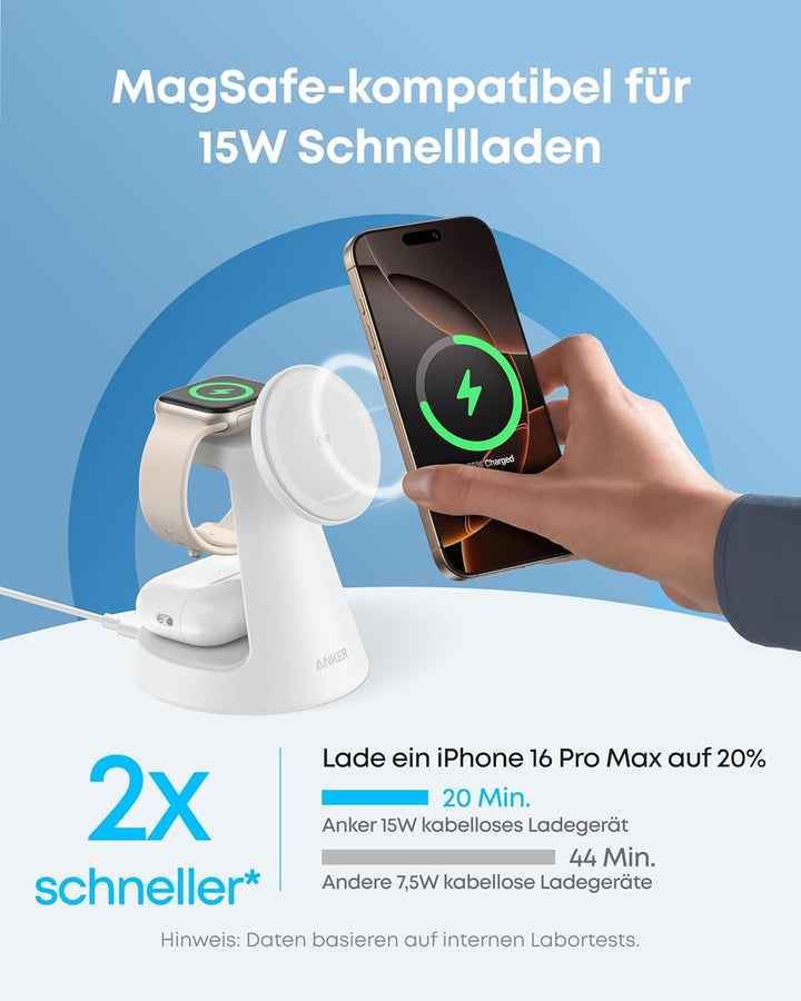 Anker MagGo 3-in-1 15W MagSafe kompatibles Ladegerät, iPhone Induktive Ladestation, Qi2-zertifiziert