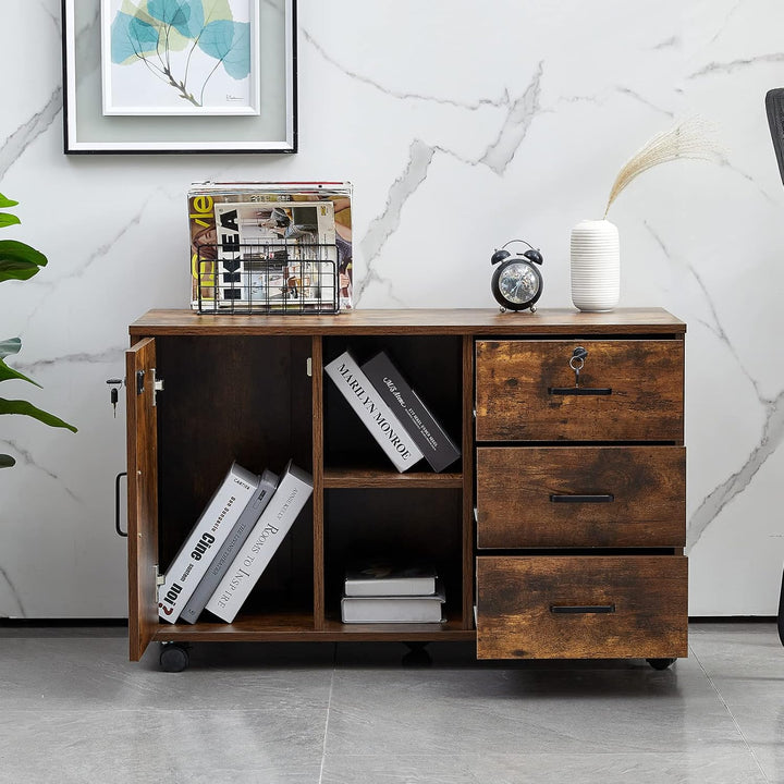 TUKAILAI Rollcontainer Abschliessbar mit 3 Schubladen, Lagerung Fach und Offene Regale, Aktenschrank