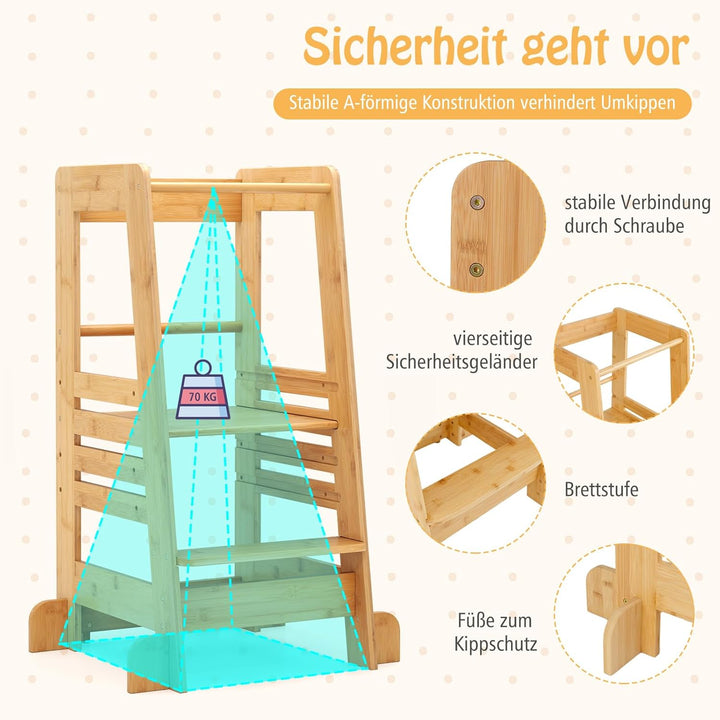 COSTWAY Lernturm Kinder aus Bambus, Tritthocker Montessori mit 4 verstellbaren Höhen & Sicherheitsge