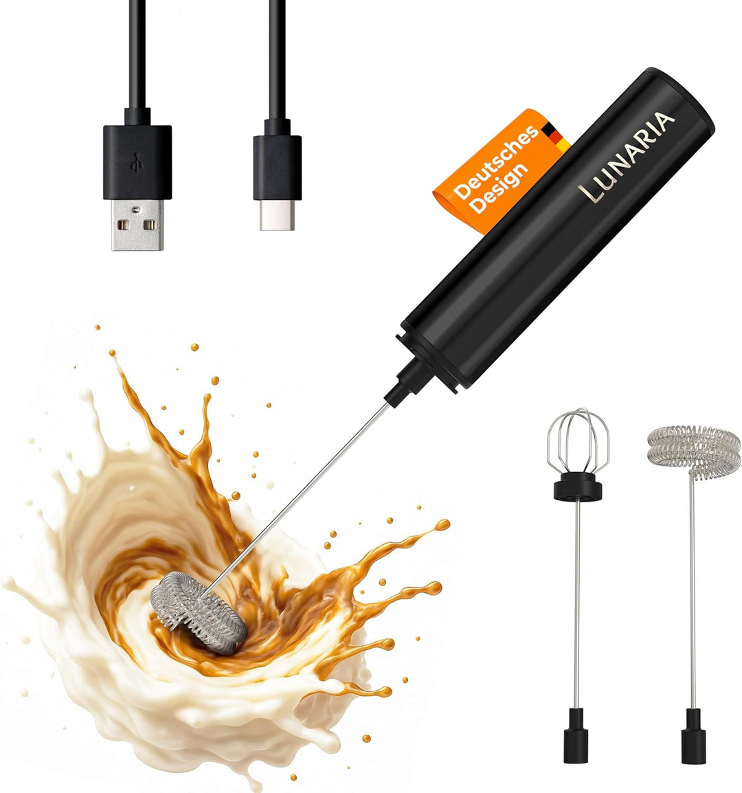 LUNARIA Elektrischer Milchaufschäumer Stab – Akku & USB – Handheld Milchschäumer Quirl Rührstab für