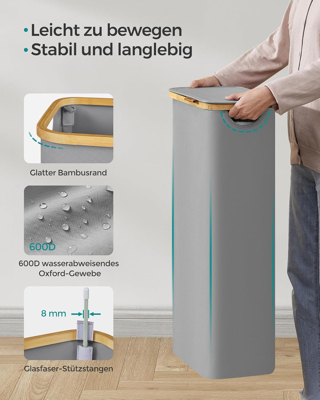 SONGMICS Wäschekorb mit Deckel, Wäschesammler 65 L, platzsparend, herausnehmbarer Wäschesack, Oxford