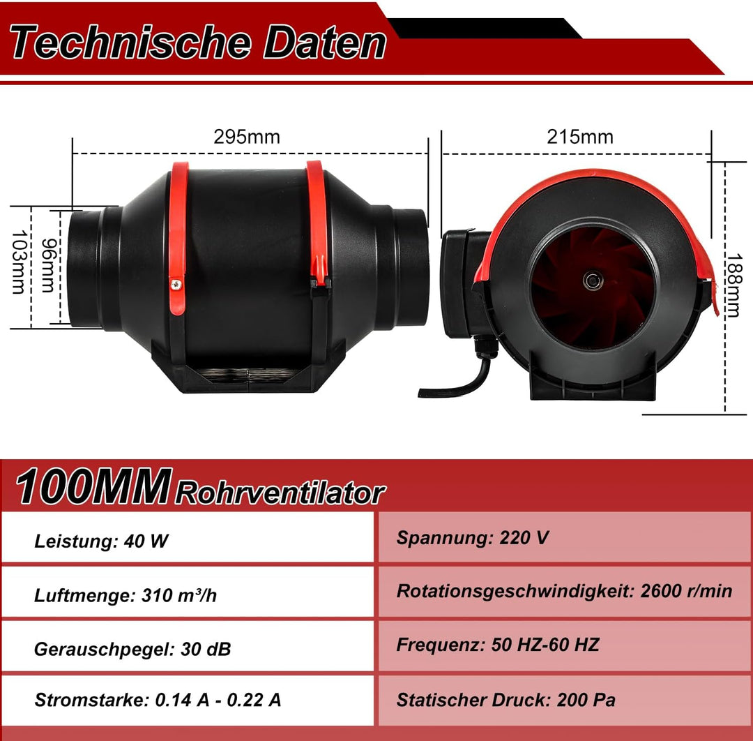 Herrselsam Rauchabzug Rohrventilator 100mm Inline-Kanalventilator Abluftventilator mit variabler Ges