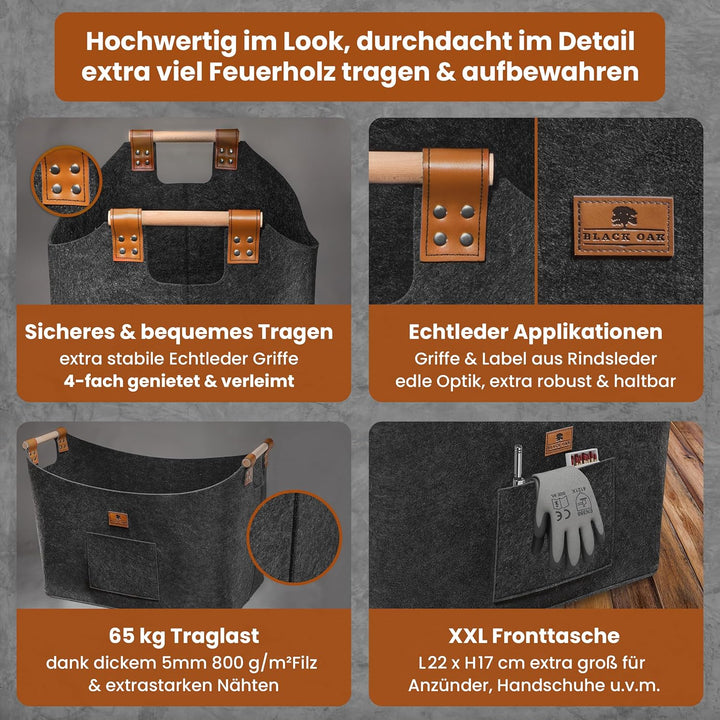 BLACK OAK Montana XXL 100L Filzkorb &amp; Holzkorb für Kaminholz - Echt-Leder Applikation + breite Griff