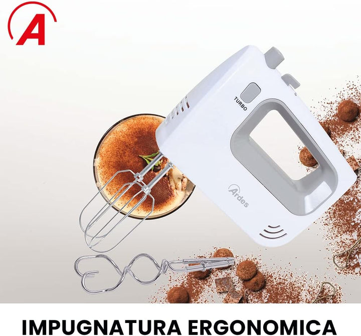 ARDES - ARSBAT01 Spinny Handmixer mit 5 Geschwindigkeiten und Turbo – Handmixer mit Schneebesen zum