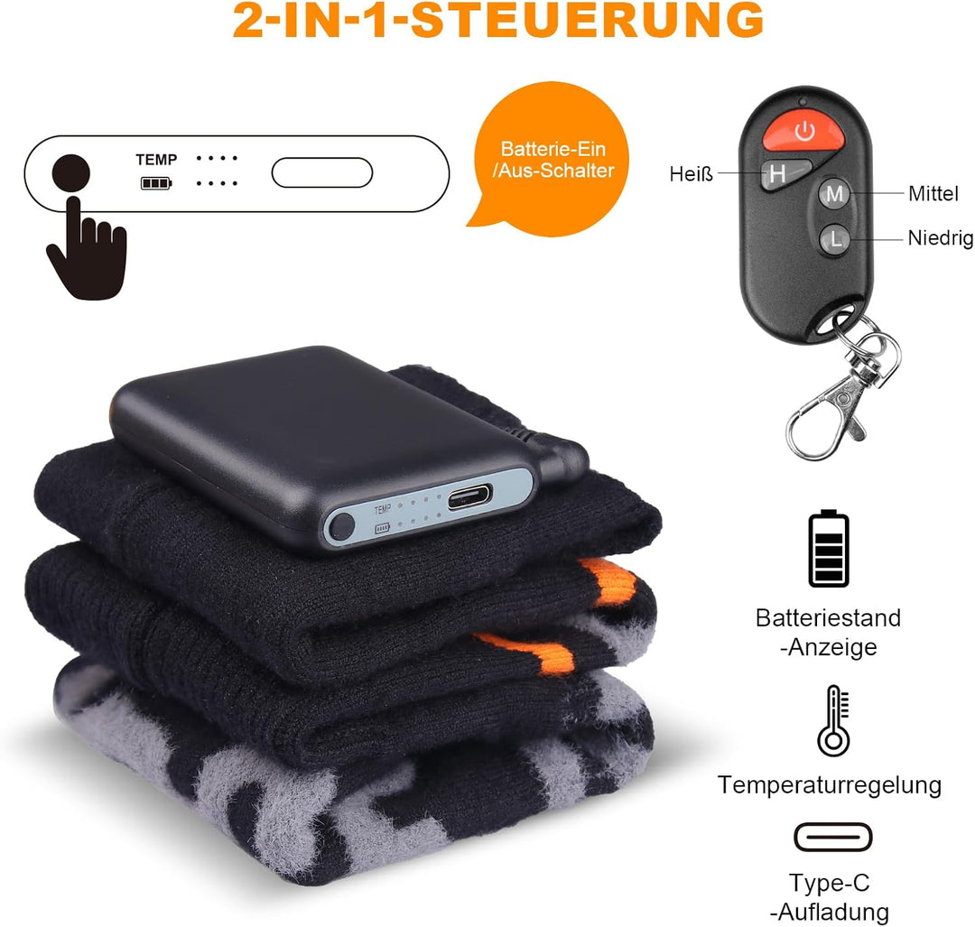 Beheizbare Socken Damen Herren, 2 X 5000mAh/5V Wiederaufladbare Heizsocken Warme Socken Bis zu 65℃ 3