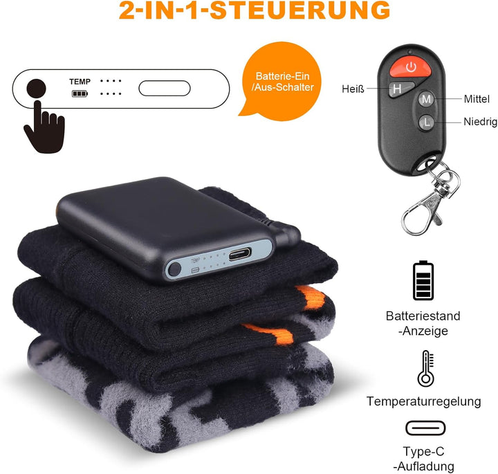Beheizbare Socken Damen Herren, 2 X 5000mAh/5V Wiederaufladbare Heizsocken Warme Socken Bis zu 65℃ 3