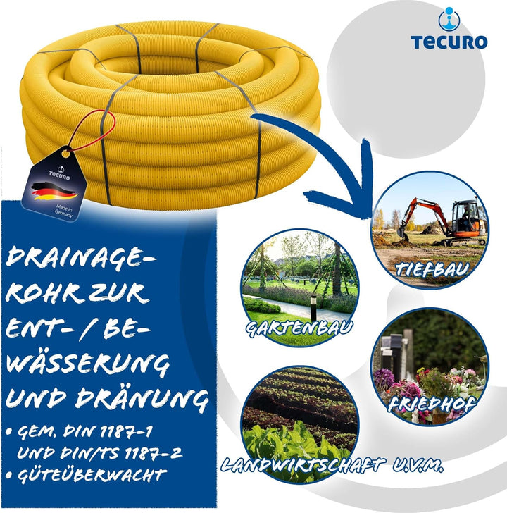 tecuro Drainagerohr 10 Meter - DN80, flexibel, gewellt und geschlitzt, mit Kokosumflechtung, PVC-U,