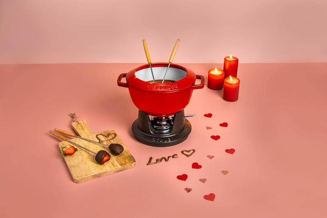 STAUB Fondue Set mit 6 Gabeln, Geeignet für Käse- Schoko- und Fleisch-Fondue, Gusseisen, 20 cm, Kirs