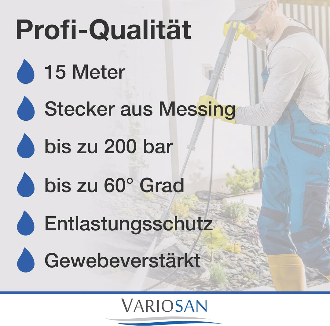 VARIOSAN Hochdruckschlauch für Hochdruckreiniger 16577, 15 m, Quick Connect, schwarz, 200 bar, passe
