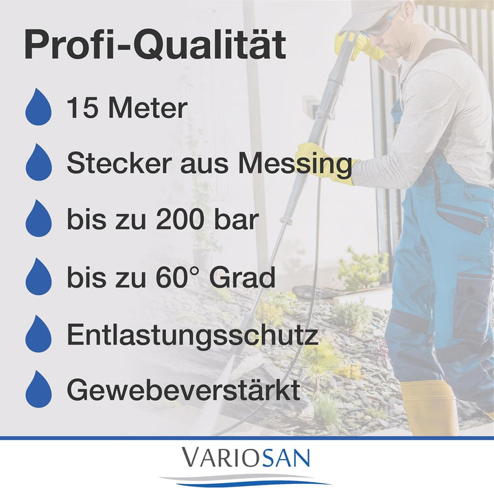 VARIOSAN Hochdruckschlauch für Hochdruckreiniger 16577, 15 m, Quick Connect, schwarz, 200 bar, passe