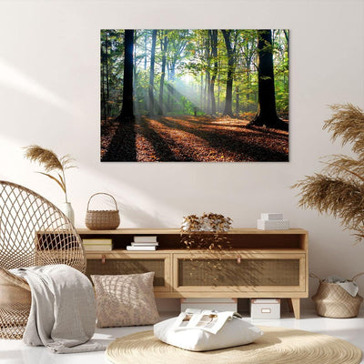 Bilder auf Leinwand 100x70cm Leinwandbild mit Rahmen Wald Blätter Sonne Gross Wanddeko Bild Schlafzi