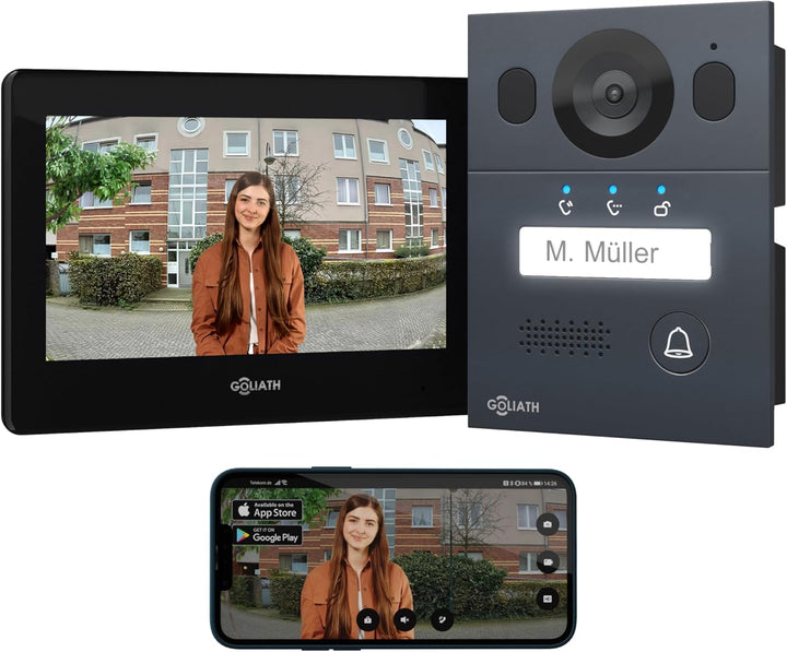 GOLIATH Basic Video Türsprechanlage, 2 Draht Bus, 7" Monitor, Unterputz Türklingel mit Kamera, Gegen