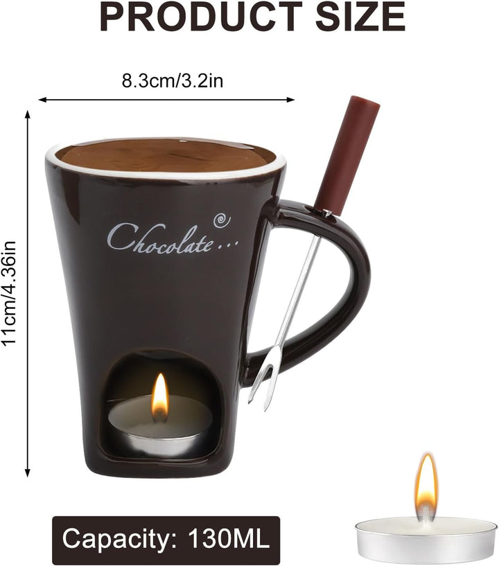2PCS Schokofondue Tasse Keramik 130ML Schoko Fondue Cup mit Teelichthalter und Gabeln Schokoladenfon