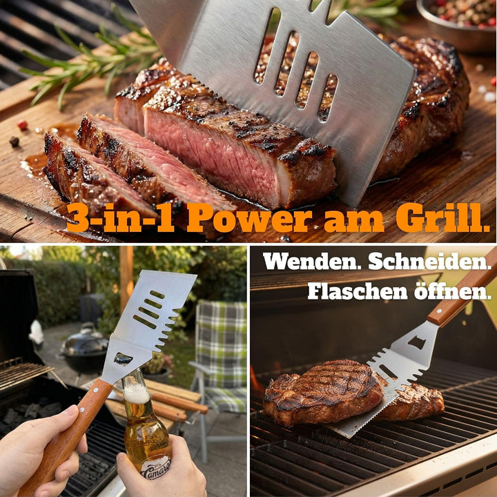 Grillset für Männer Geschenk in Ledertasche – Grillbesteck Set aus Edelstahl - 3-in-1 Spachtel &amp; Rei