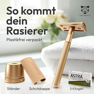 ANYMALE® Rasierhobel Gold Edition - Damen Set mit Ständer und 5 ASTRA Klingen - Plastikfreier Rasier
