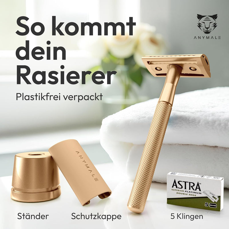 ANYMALE® Rasierhobel Gold Edition - Damen Set mit Ständer und 5 ASTRA Klingen - Plastikfreier Rasier