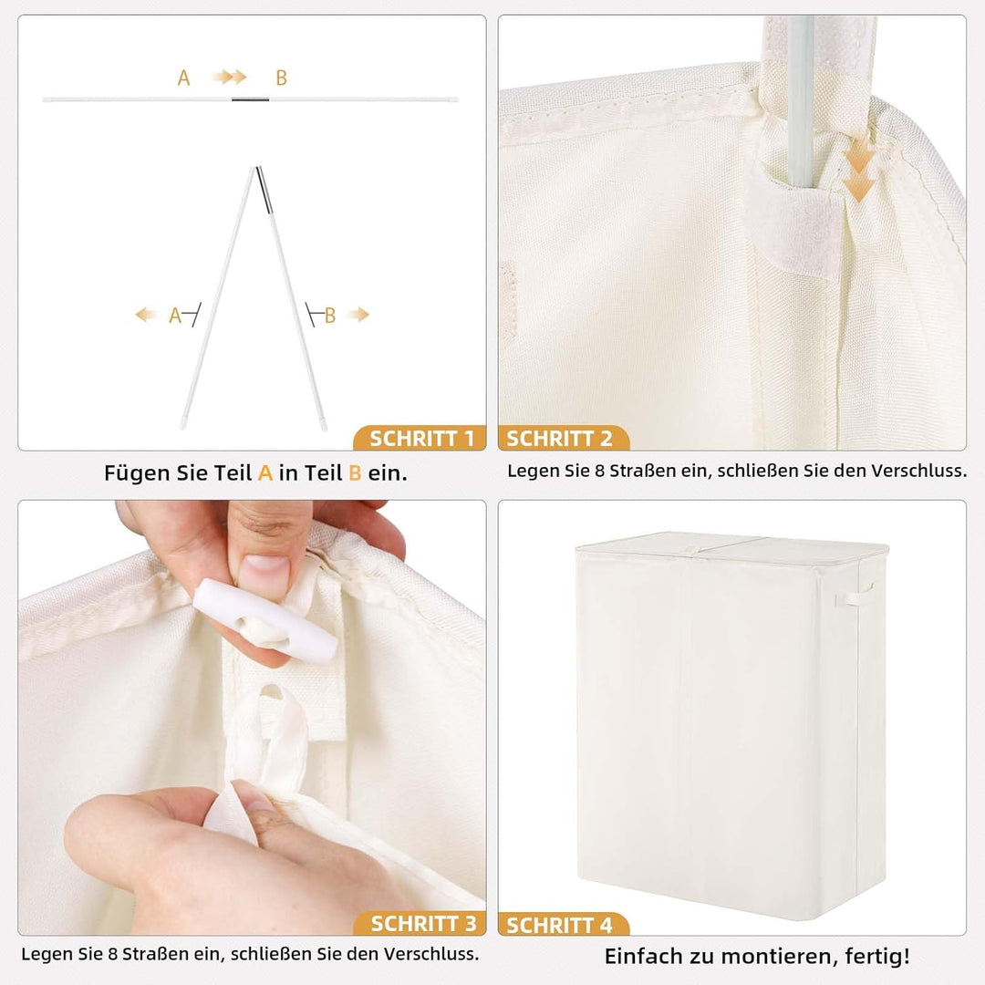 Wäschekorb mit Deckel 135L, Grosse Wäschesammler 2 Fächer mit Griffen, Beige | Wäschesortierer und H