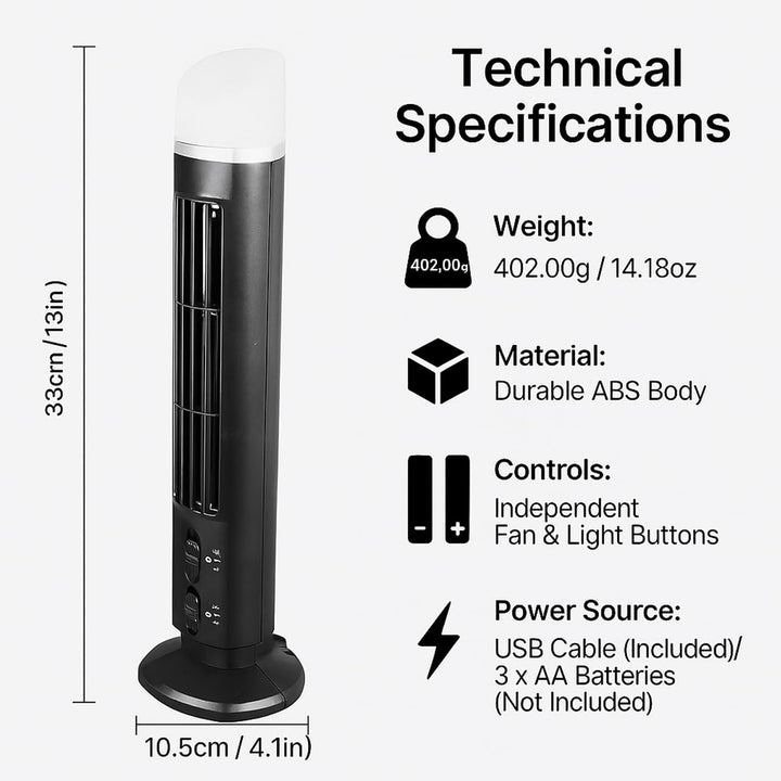 Elprico Turmventilator Flügellos, 33cm Tischventilator Leise mit 90° Oszillation, Mini Ventilator US