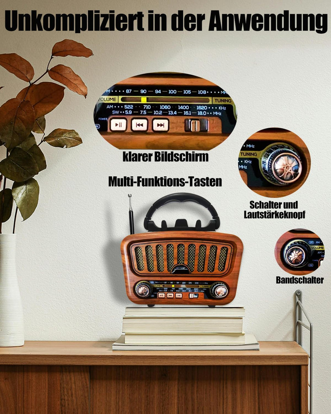 Retro Radio mit Bluetooth, AM/FM/SW Tragbares Radio Klein 5W grosser Lautsprecher und Bluetooth 5.0,