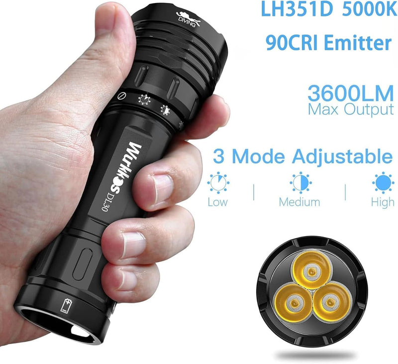 Wurkkos DL30 Tauchlampe, 3600 Lumen Tauchen Taschenlampe Wiederaufladbar, IPX8 Wasserdicht, 3* CRI 9
