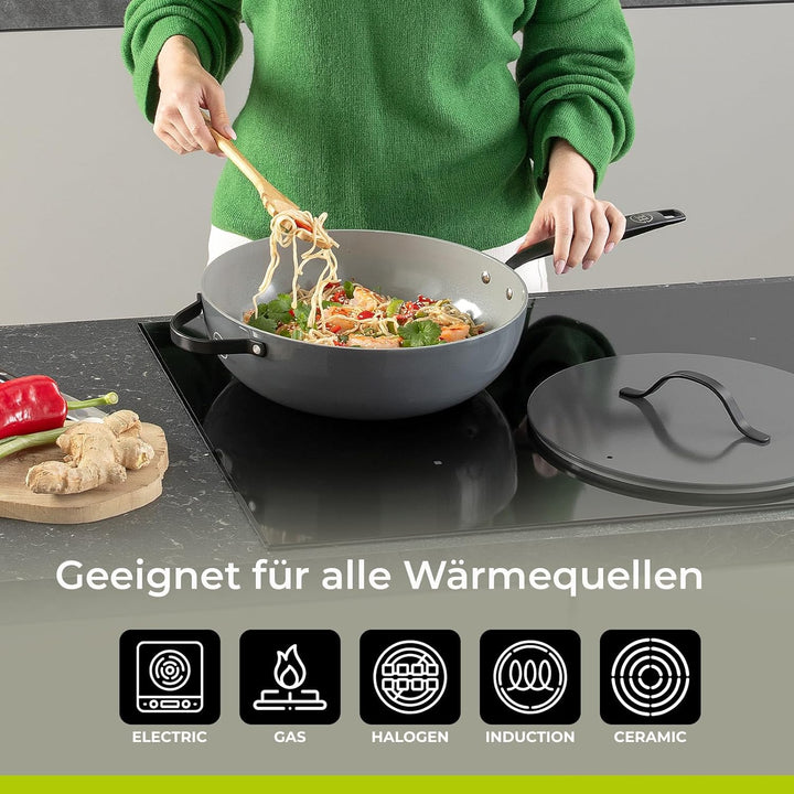 Be Living Essential Pfannenset 4-teilig, Bratpfanne 20/24/28 cm + Wokpfanne 28 cm mit Deckel, Non St