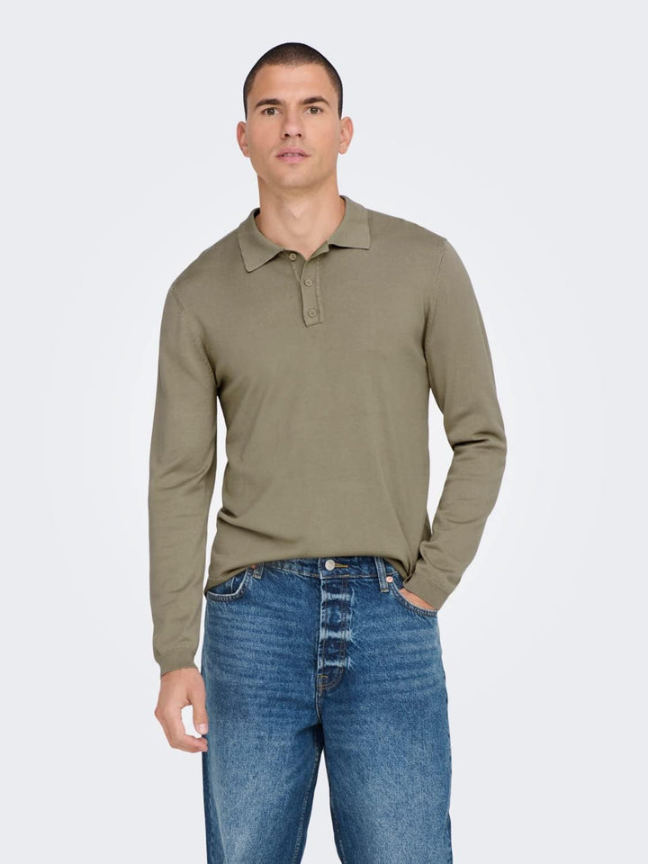 Herren O&S Polo Langarm Shirt Basic Pullover aus Baumwolle Longsleeve Knitted Sweater ONSWYLER, Chin