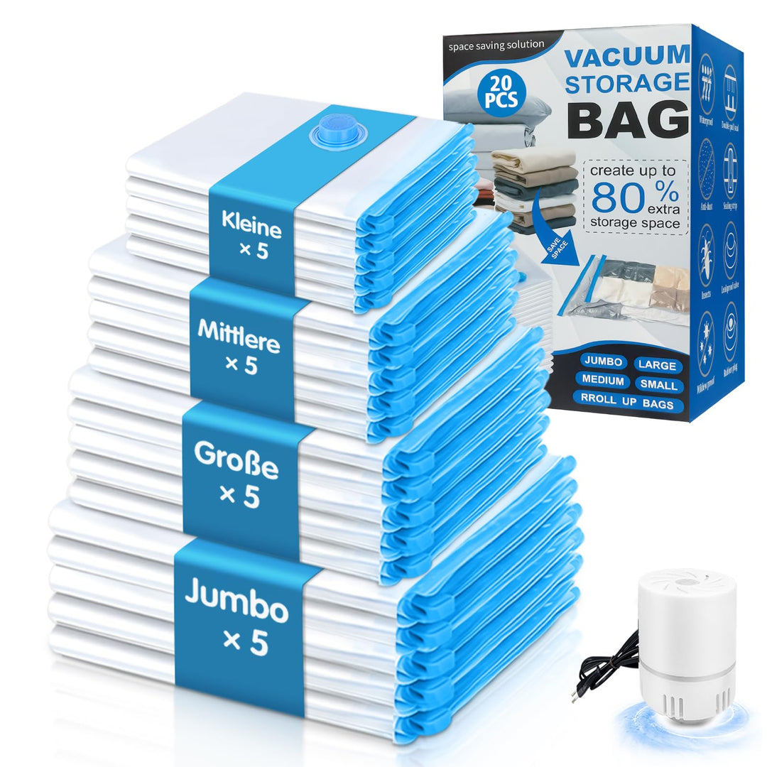 Vakuumbeutel für Kleidung 20 Stück mit Elektrischer Luftpumpe Vakuumierbeutel (5xJumbo/5xGross/5xMit
