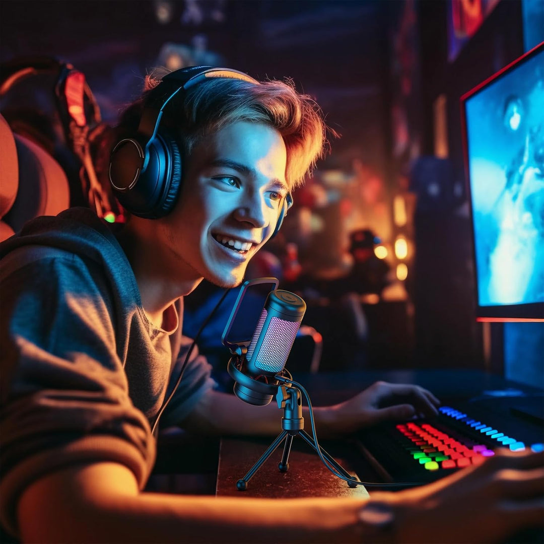 TONOR Gaming Mikrofon PC, USB Microphone für Computer PS4/5, Kondensatormikro mit RGB-Modi & Helligk